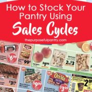 Grocery store sales ad plus calendar with text How to Stock Your Pantry Using Sales Cycles by ThePurposefulPantry.com