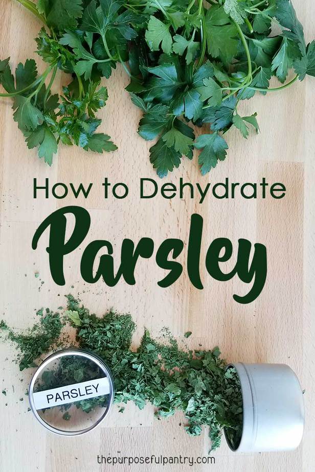 parsley bunch on a cutting board with text "How to Dehydrate Parsley by The Purposeful Pantry.com"