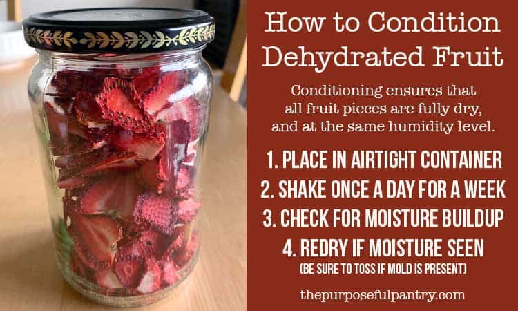 Infographic with jar of dehydrated starwberries and how to condition them: