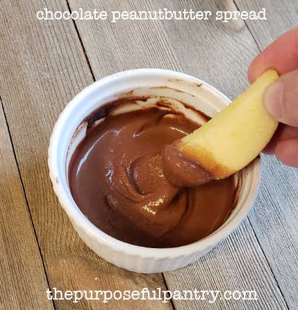 White dish of homemade chocolate peanut butter spread and apple dipped into it on wooden background