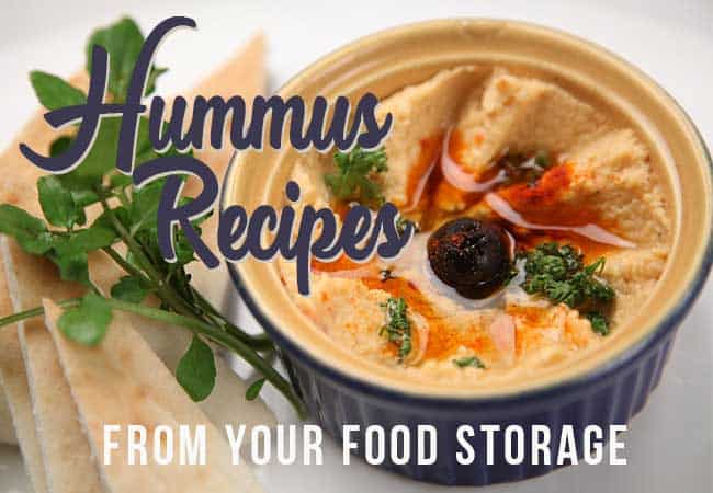 Bowl of hummus with a side of pita bread makes a great snack from your food storage.