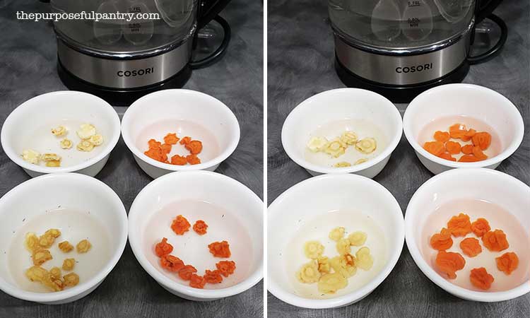 White bowls of dehydrated parsnip and carrots being soaked for rehydration