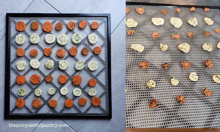 Excalibur dehydrator tray with seasoned carrot and parsnip chips - before and after dehydrating