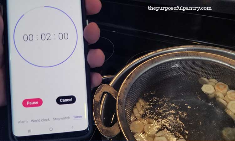 Steel pot boiling water and parsnips with timer for blanching parsnips to dehydrate