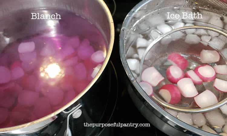 Stainless steel bowls - one blanching radishes and one with radishes in ice bath for preserving radishes