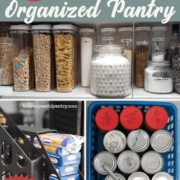 Pantry shelves with organized containers of dry storage for an organized pantry