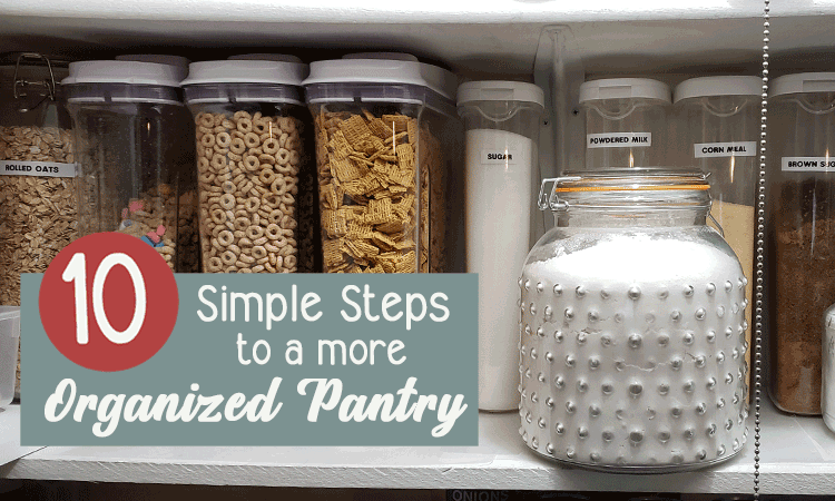 Pantry shelves with organized containers of dry storage for an organized pantry