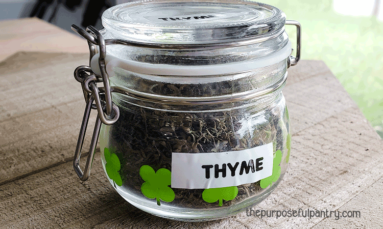 Mason jar of dried time on a bed of fresh thyme for How to Dehydrate Thyme