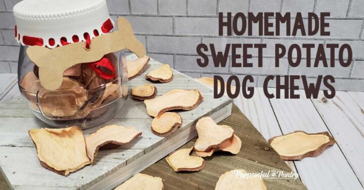 canister of sweet potato dog chews, slices on a wooden surface