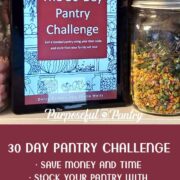 30 Day Pantry Challenge ebook loaded on a tablet sitting on pantry shelf