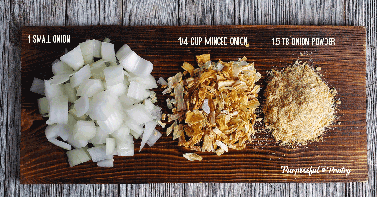 Wooden tray with diced onion, dried minced onion, and onion powder