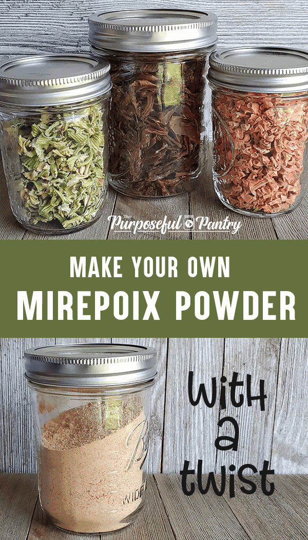 Jars of dehydrated celery, onion and carrots - plus a jar of mirepoix powder