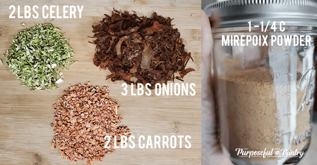 Mounds of dehydrated celery, carrots and onions for creating dehydrate mirepoix powder.