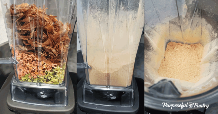 Blender with dehydrated mirepoix ingredients being powdered