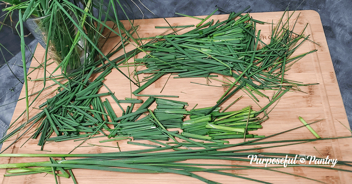 Wild onion grass on wooden cutting board being prepared to be dehydrated.
