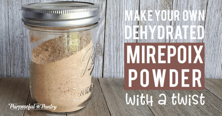 Mason jar of dehydrated mirepoix powder on wooden background
