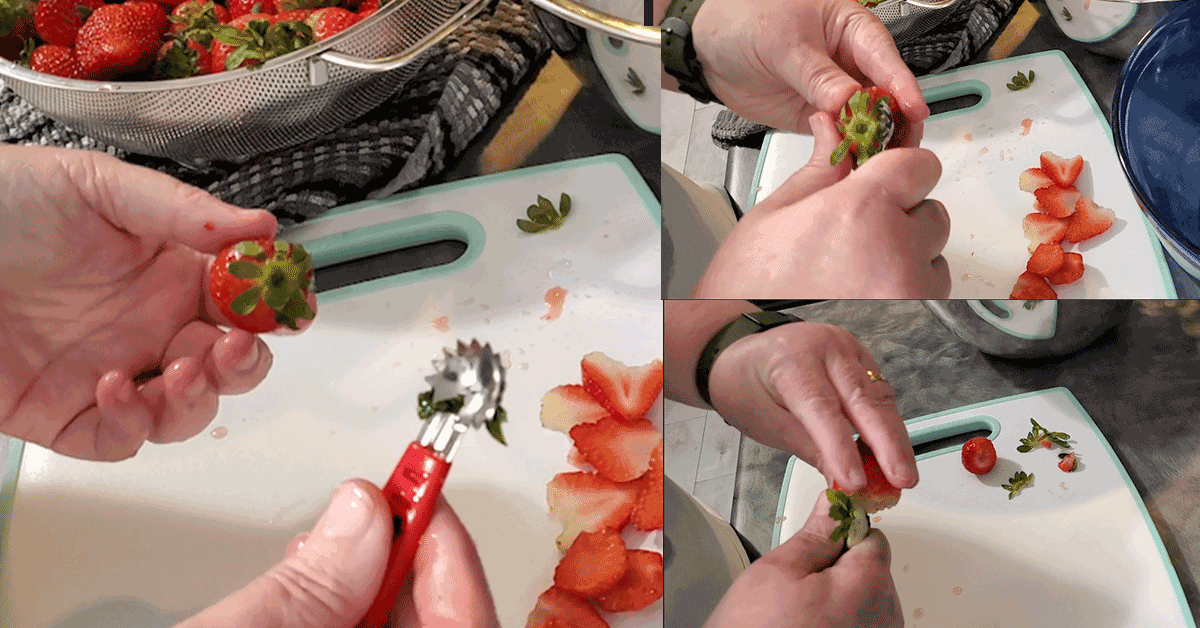 Hulling strawberries with a hulling tool in 3 different images