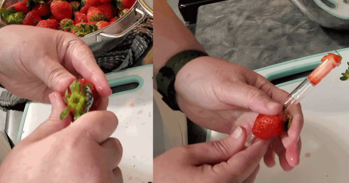 Hulling a strawberry top with a hulling tool and similar image using a glass straw to core strawberry