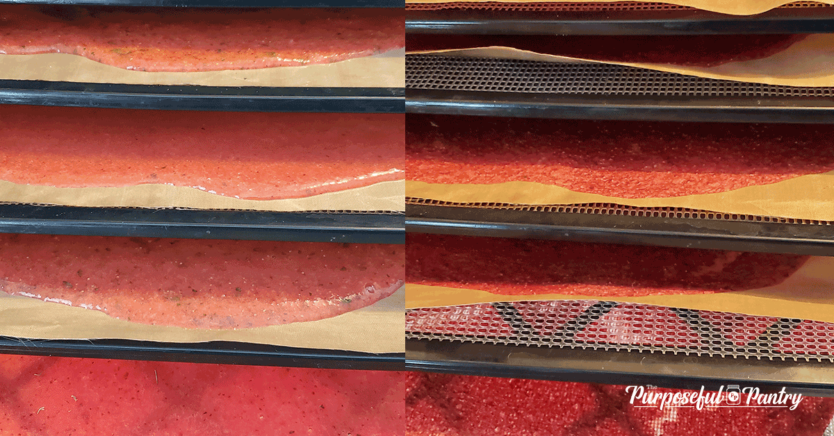 Before and after shots of strawberry puree on Excalibur dehydrator trays