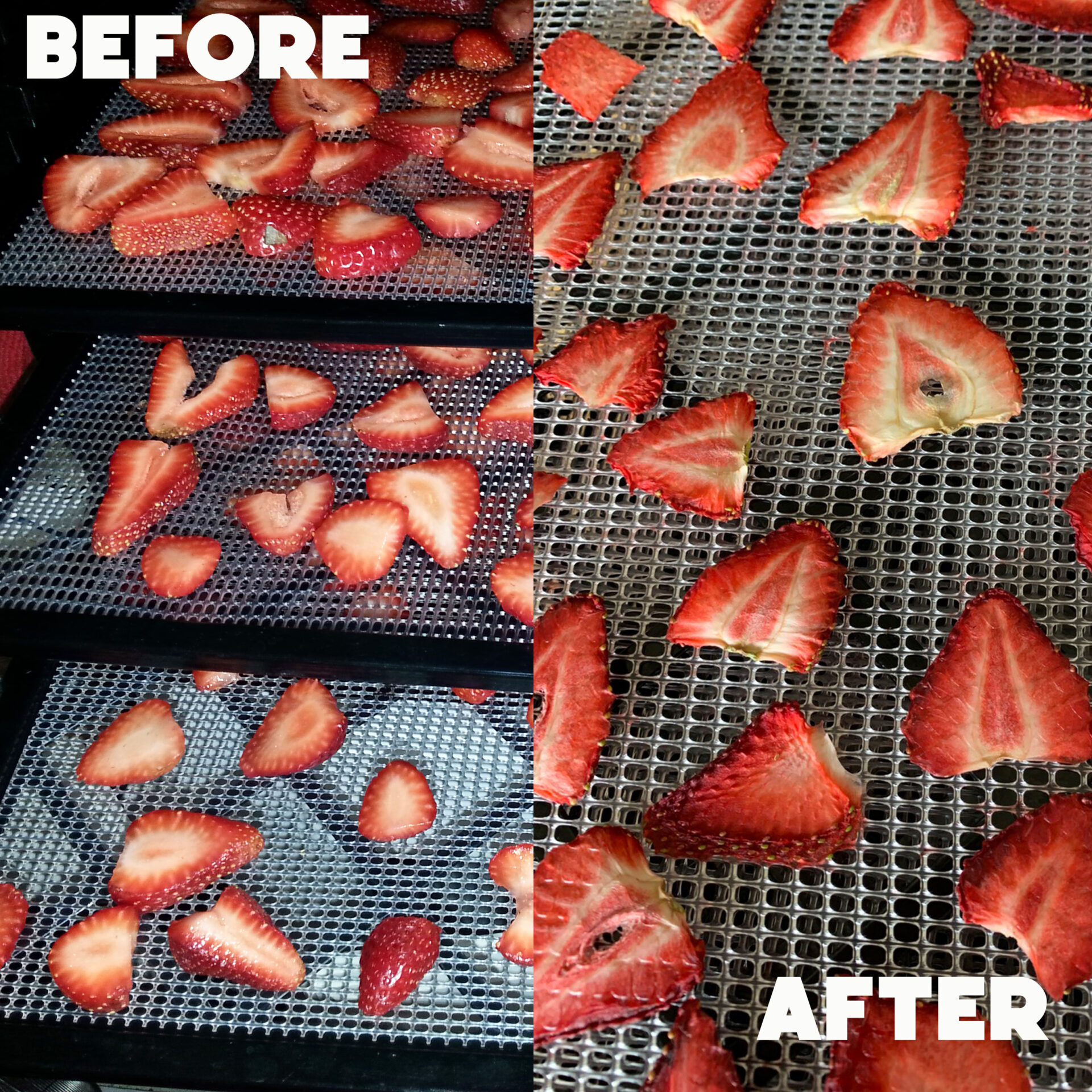 Before and after of drying strawberries