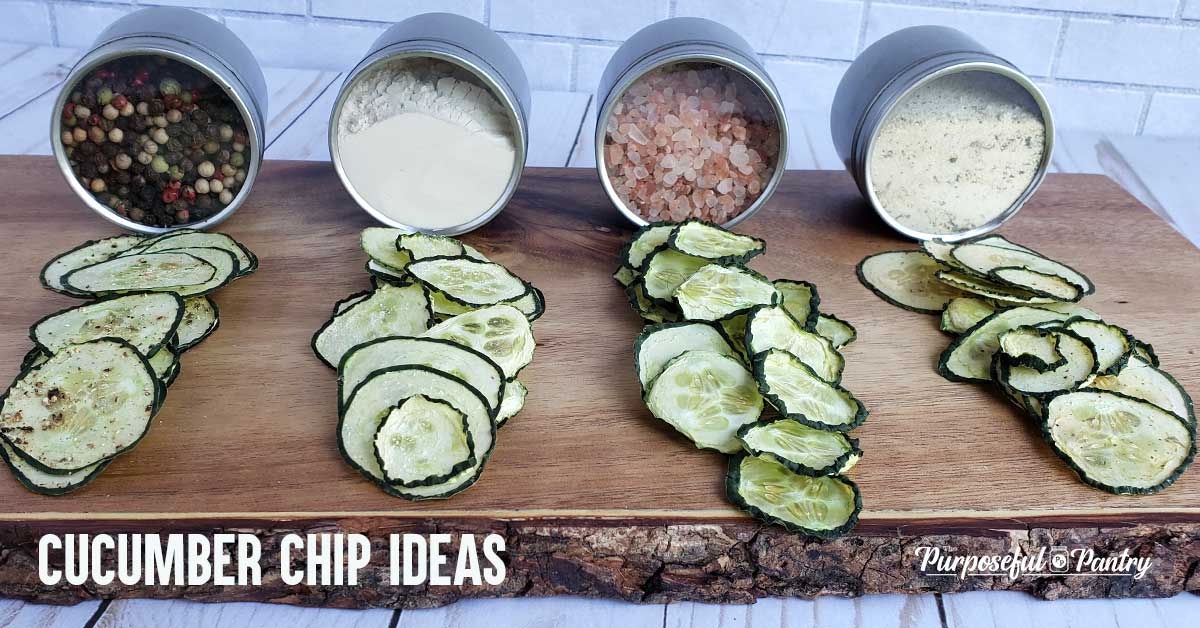 Samples of dehydrated, seasoned cucumber chips on wooden board