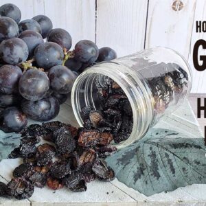 Fresh grapes, dehydrated grapes in a mason jar, and grape leaves on a wooden surface.