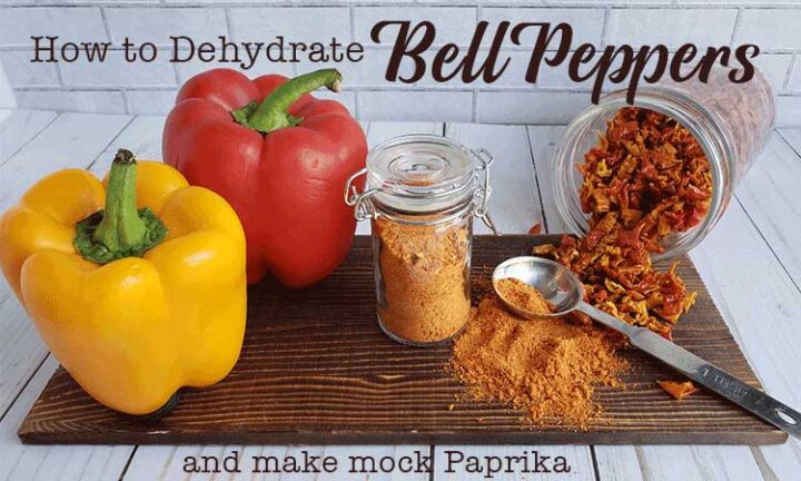 Bell peppers, paprika, and mason jar of spilled dehydrated bell pepper on wooden tray with metal spoon