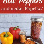 Mason jar of dehydrated sweet bell peppers, with a mock paprika powder, spoon, and fresh bell peppers on a wooden tray