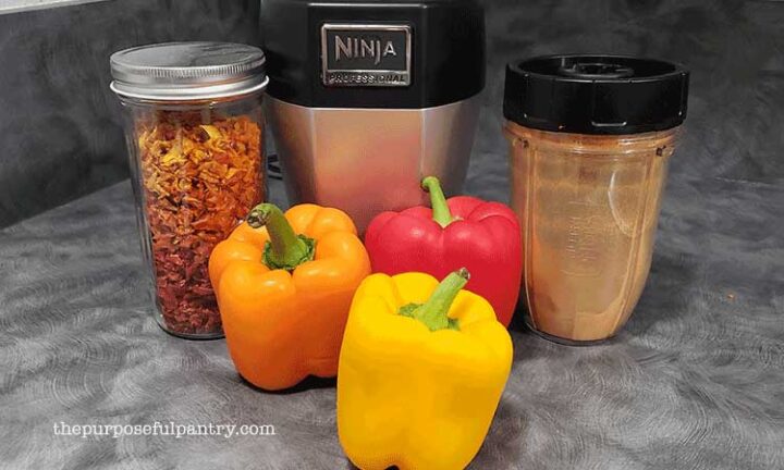 Sweet bell peppers, dehydrated bell peppers in a jar, and dehydrated bell pepper with Nutri-Ninja blender