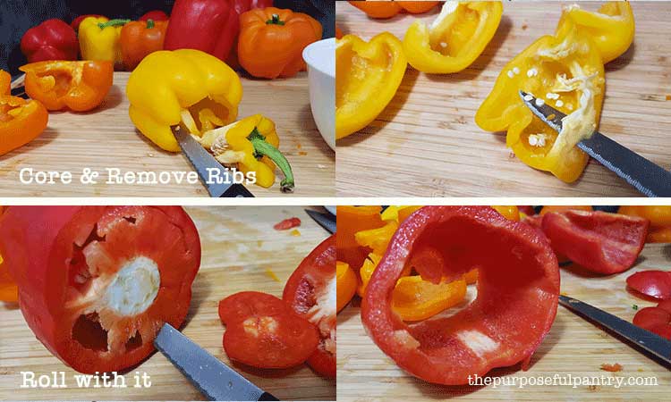 Sweet bell peppers being broken down for dehydrating