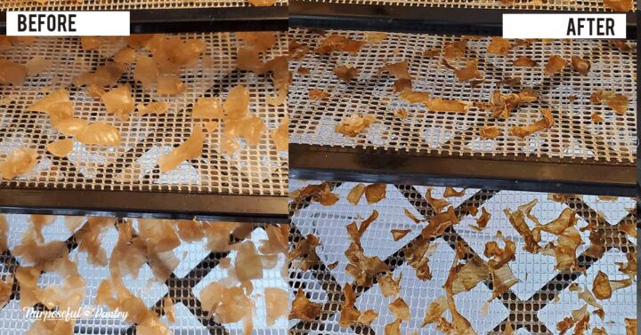 Excalibur trays of caramelized onions dehydrating - before and after shot