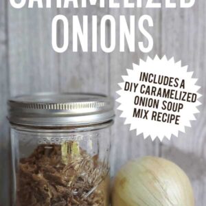 Mason jar full of dehydrated minced caramel onions and a fresh onion on wooden background