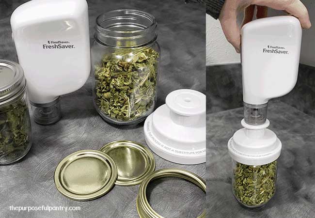 A Foodsaver Handheld vacuum sealer showing how to vacuum seal dehydrated celery in a mason jar
