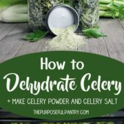 Jar of dehydrated celery with a container of homemade celery salt, with celery on dehydrator trays