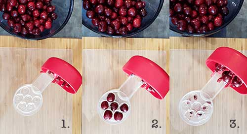 Bowl of cherries and 3-panel image of how to use a cherry pitter