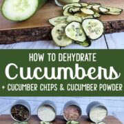 Dehydrate Cucumbers - fresh cucumber. cucumber powder and cucumber chips on wooden surface