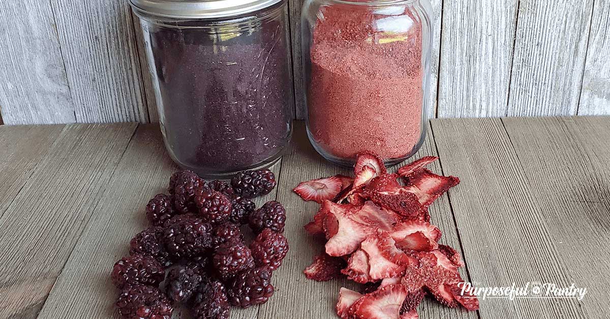 Mason jars of blackberry and strawberry powder with dehydrated blackberries and strawberries on wooden background.