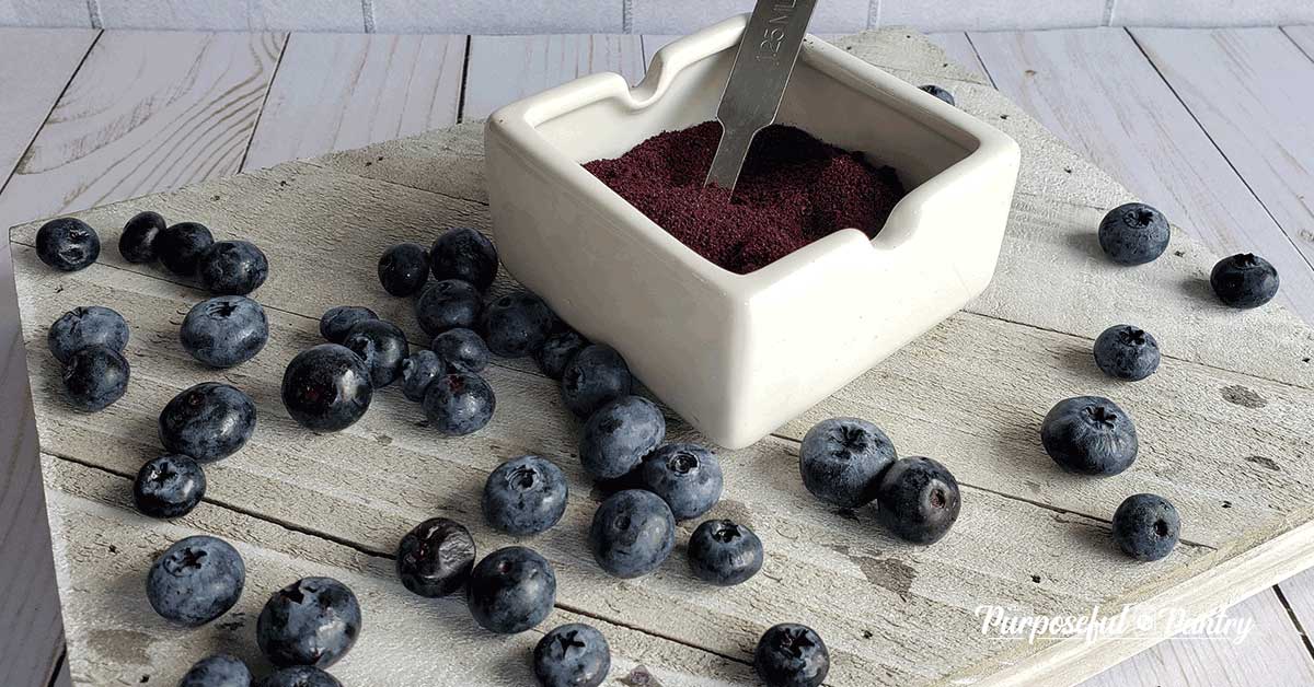 A serving dish of dehydrated blackberry powder and fresh blackberries on a wooden background.
