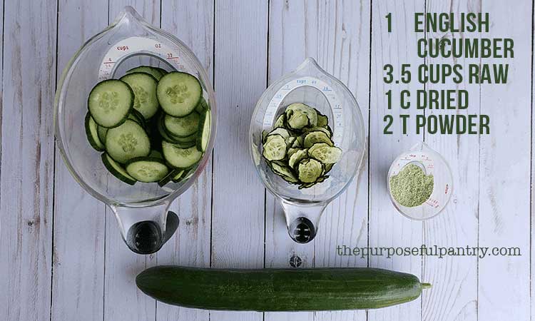 Fresh cucumber in measuring cup, dried cucumber, and cucumber powder with a fresh cucumber.