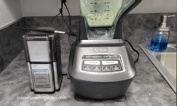 Cuisinart coffee grinder and Ninja blender making cucumber powder from dehydrated cucumbers