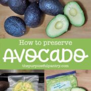 fresh and halved avocados, and images of bagged avocados to be frozen.