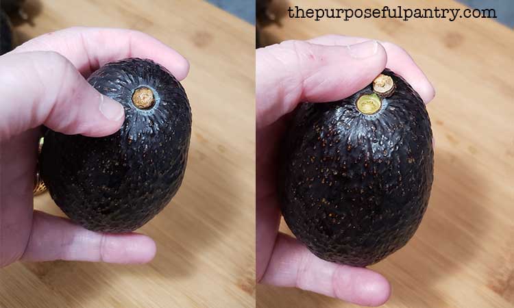 A side by side image of removing the stem end of an avocado to help determine ripeness