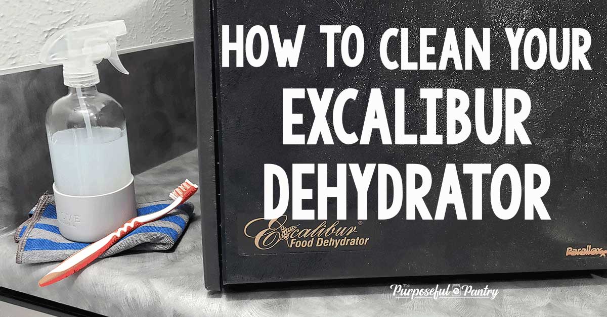 Excalibur Dehydrator with cleaning supplies with text "How to Clean Your Excalibur Dehydrator"