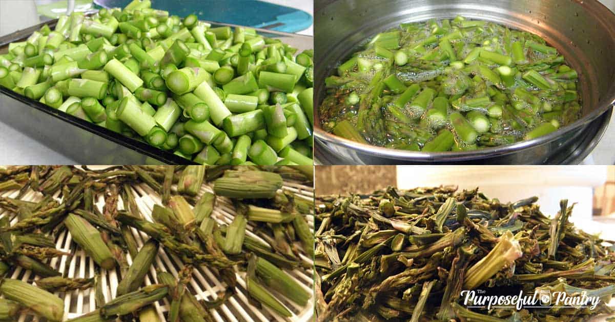 Collage of dehydrating asparagus step by step