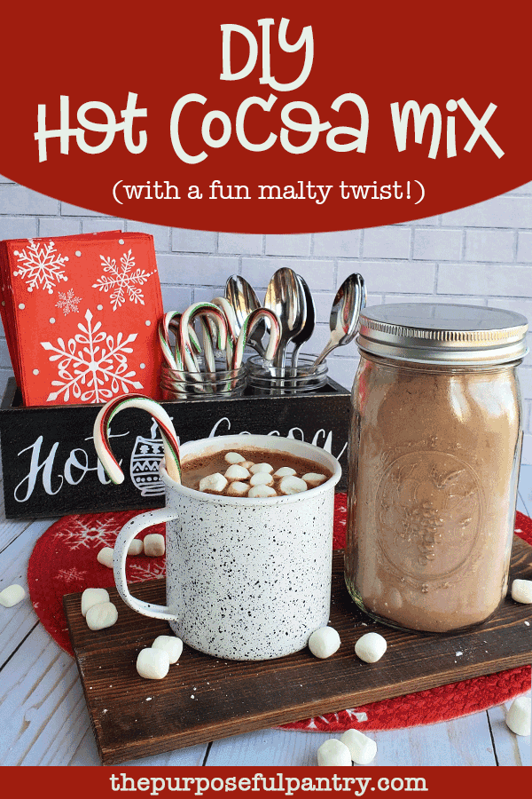Mason jar of hot cocoa bulk mix alongside a coffee mug of hot cocoa with dehydrated marshmallows