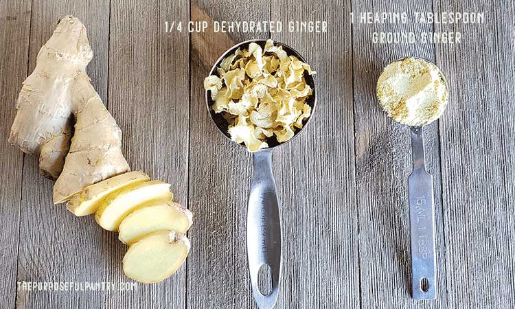 Ginger slices, ginger bits in a measuring spoon, and powdered ginger in a measuring spoon