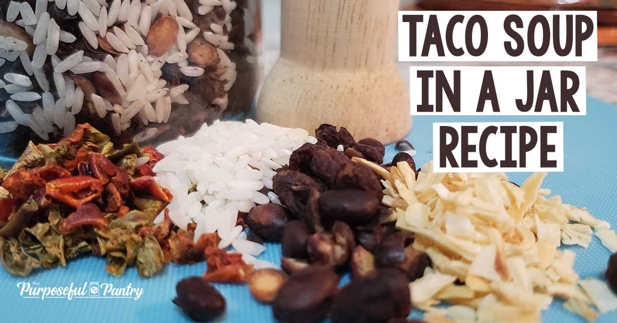 Ingredients like peppers, rice, beans, dried onion slivers for Taco Soup in a Jar recipe