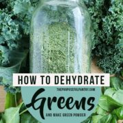 Dehydrated green powder in a mason jar on a bed of fresh kale and spinach