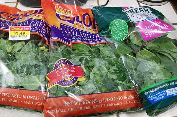 Bags of greens from the grocery store ready to be dehydrated for green powder