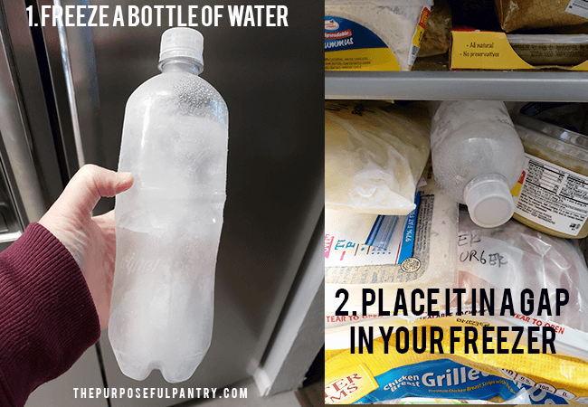 Frozen bottle of water used in a freezer to help preserve in a power outage